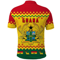 Custom polo shirt, red/yellow Ghana Christmas pattern, back 'GHANA' graphic