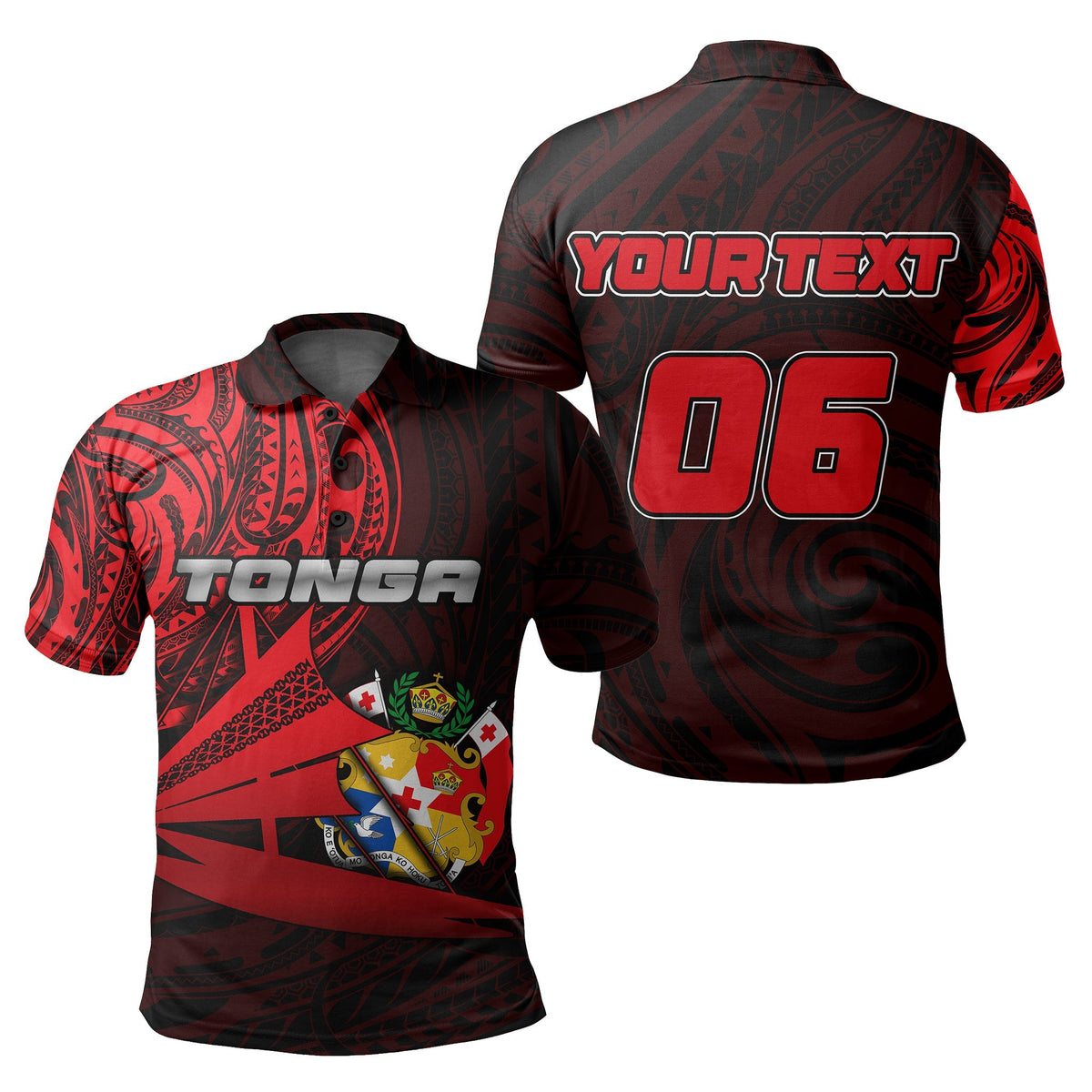 Polo Tonga roja/negra: frente 'TONGA' con gráfico, espalda 'YOUR TEXT 06'