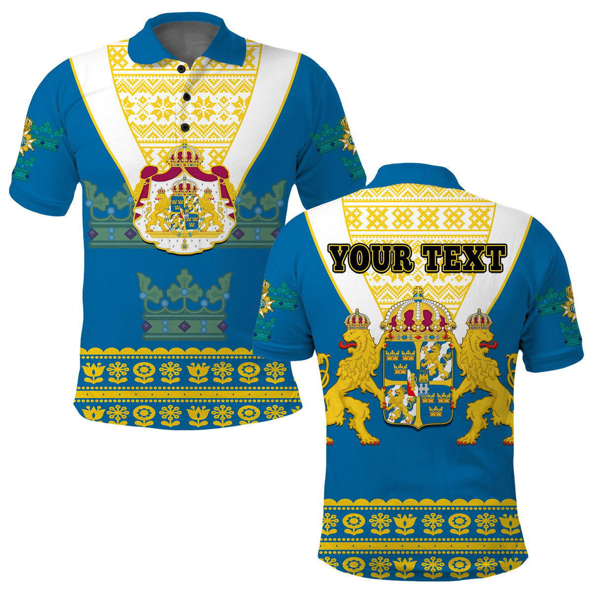 Blue polo shirt with Sweden coat of arms and Scandinavian flower trim, Adult