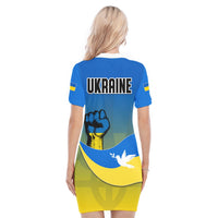 Blue polo dress back view with Ukraine flag print and “UKRAINE” text