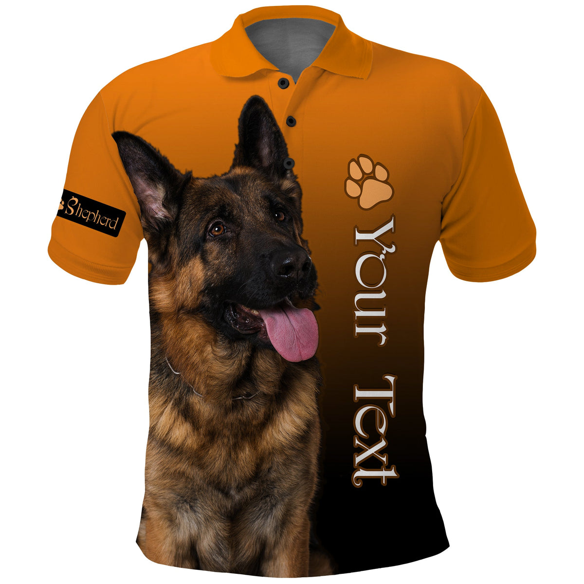 Orange polo shirt, Frontdruck: Deutscher Schäferhund mit Pfoten-Icon