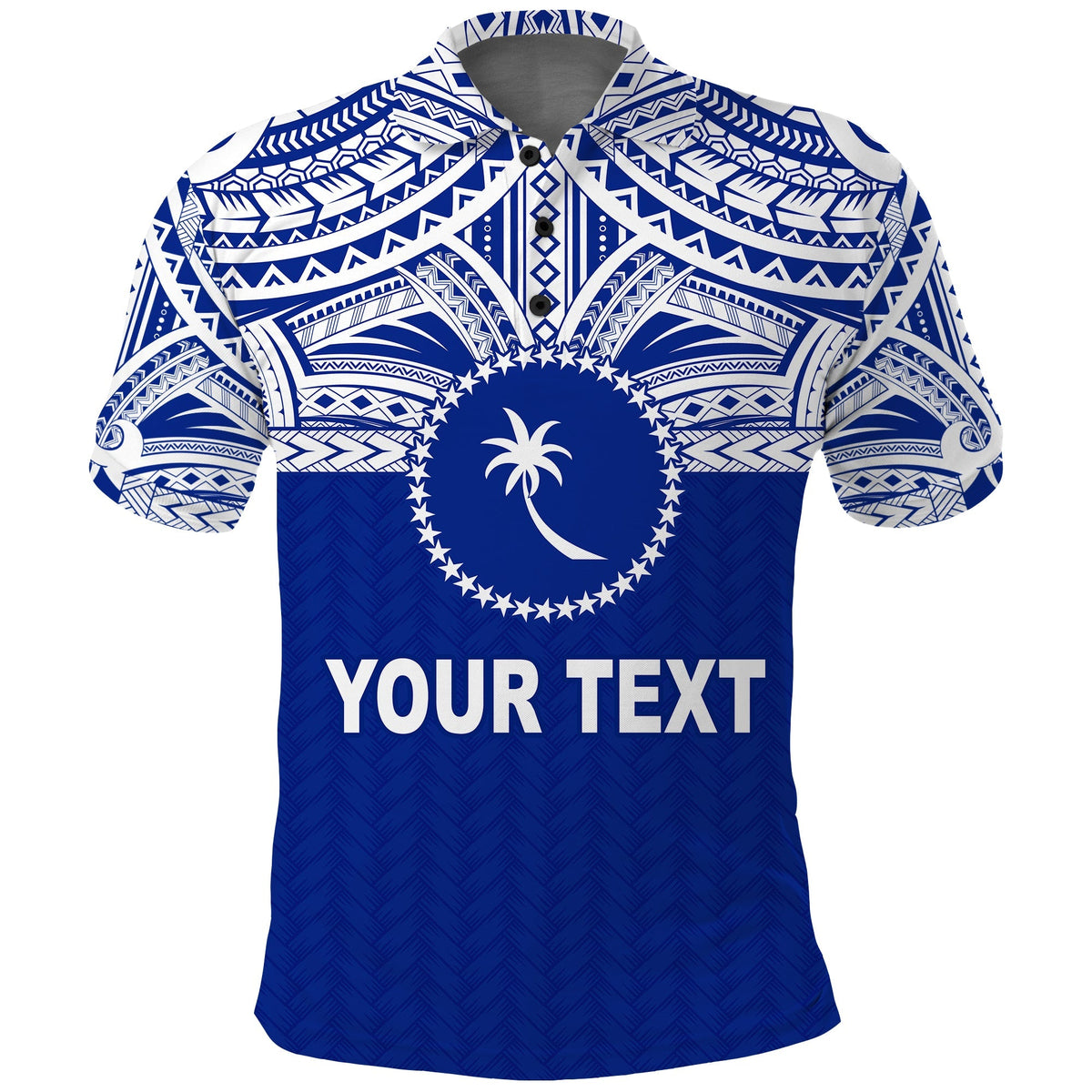Custom Chuuk flag polo shirt, blue with tribal trim and “YOUR TEXT” print