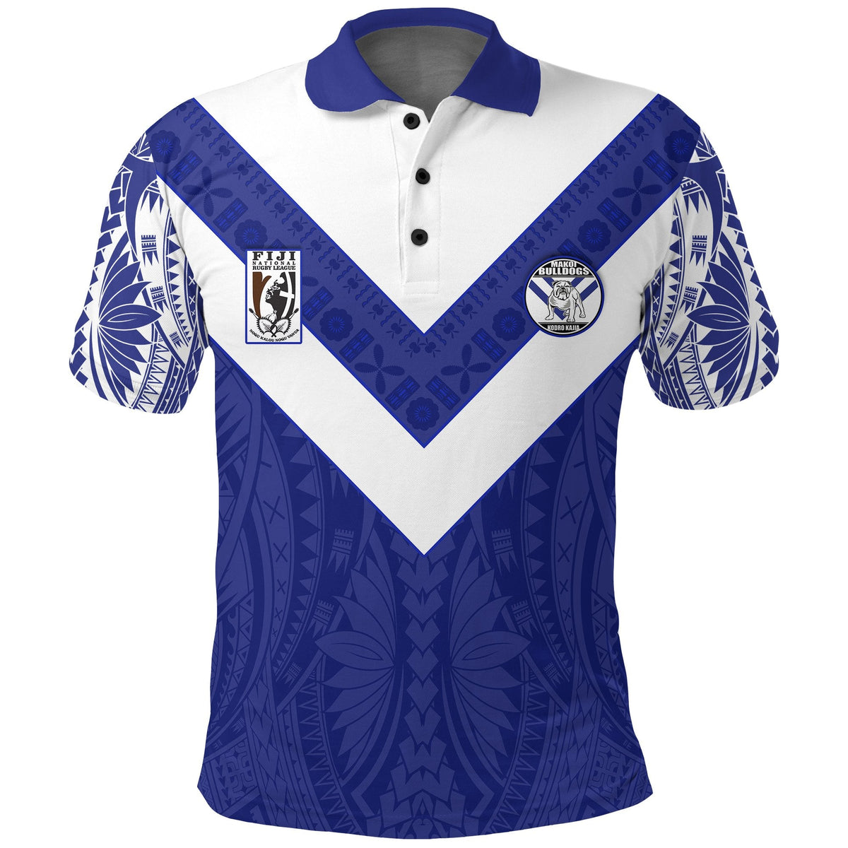 Blue and white Bulldogs rugby polo shirt with V panel, crest logos, short sleeves
