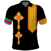 Black polo shirt with Eritrean cross graphic, colorful patterned vertical panel and stripes