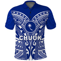 Blue polo shirt with Chuuk pattern, collar buttons, large CHUUK graphic center