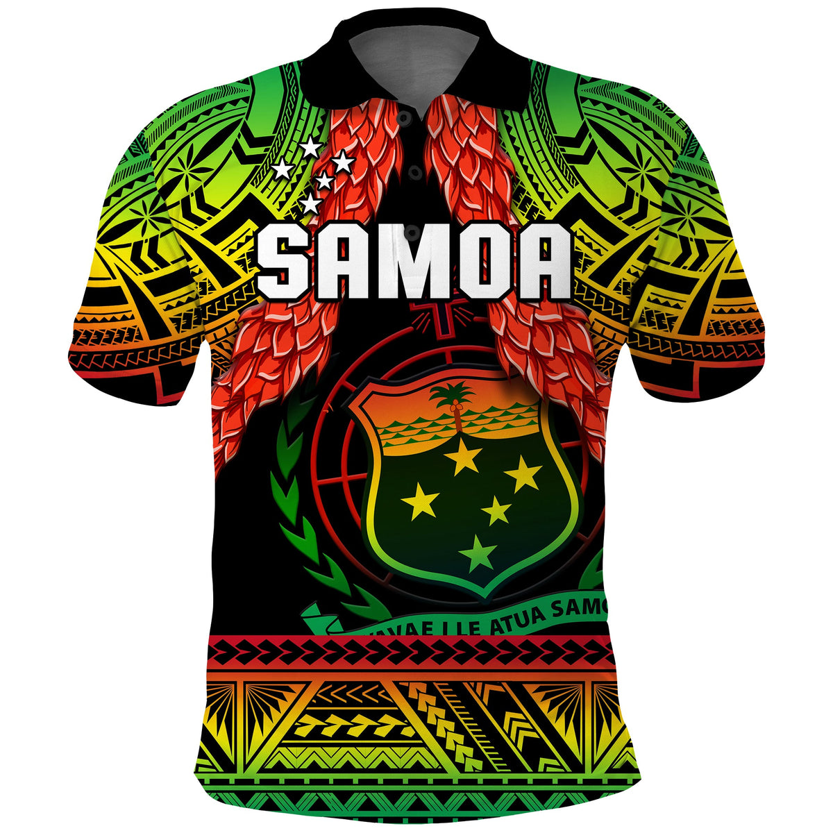 Samoa rugby polo shirt front view with black collar, green crest, red leaves, 'SAMOA'