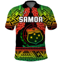 Samoa rugby polo shirt front view with black collar, green crest, red leaves, 'SAMOA'