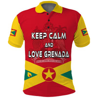 Red Grenada polo shirt with green collar; front KEEP CALM graphic and sleeve flags