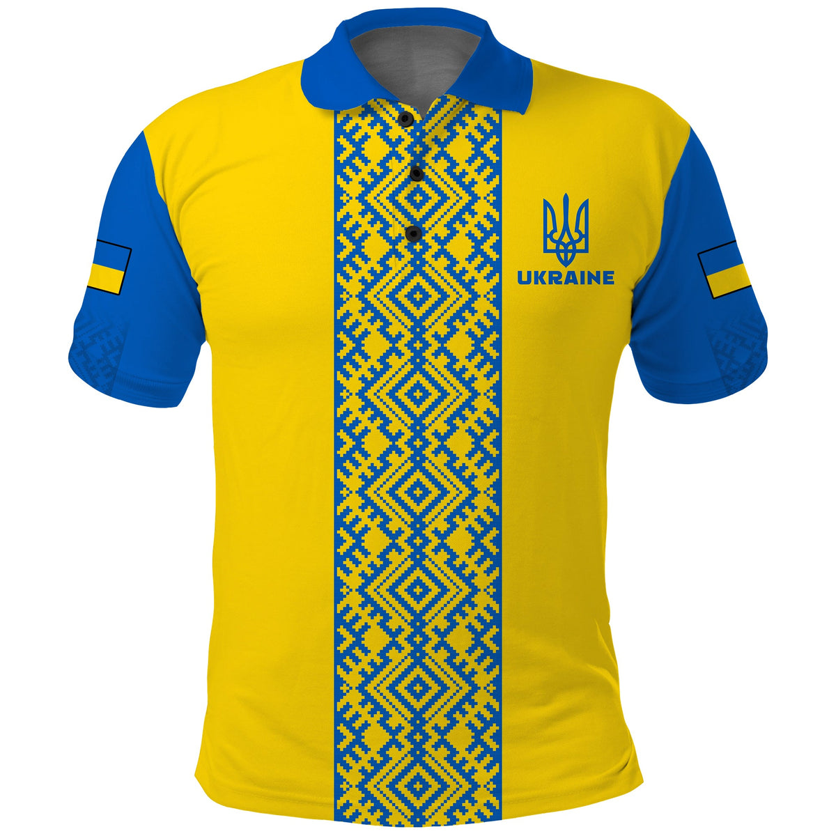 Yellow polo shirt with Ukrainian geometric panel, buttoned collar and “UKRAINE” emblem