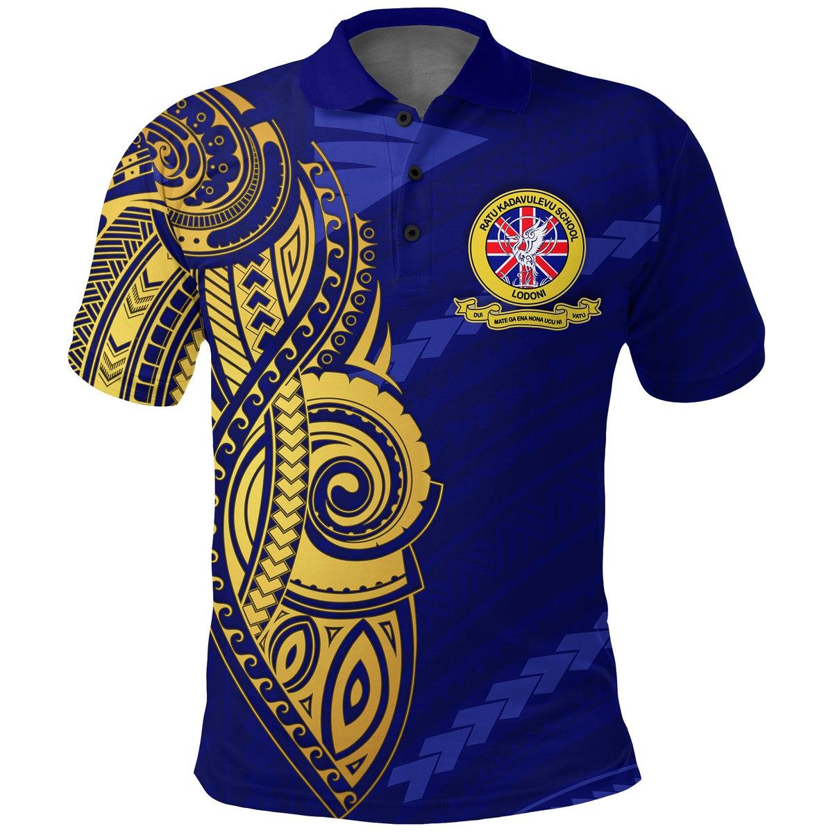 Blue school polo shirt with gold crest and ornate graphic on the front