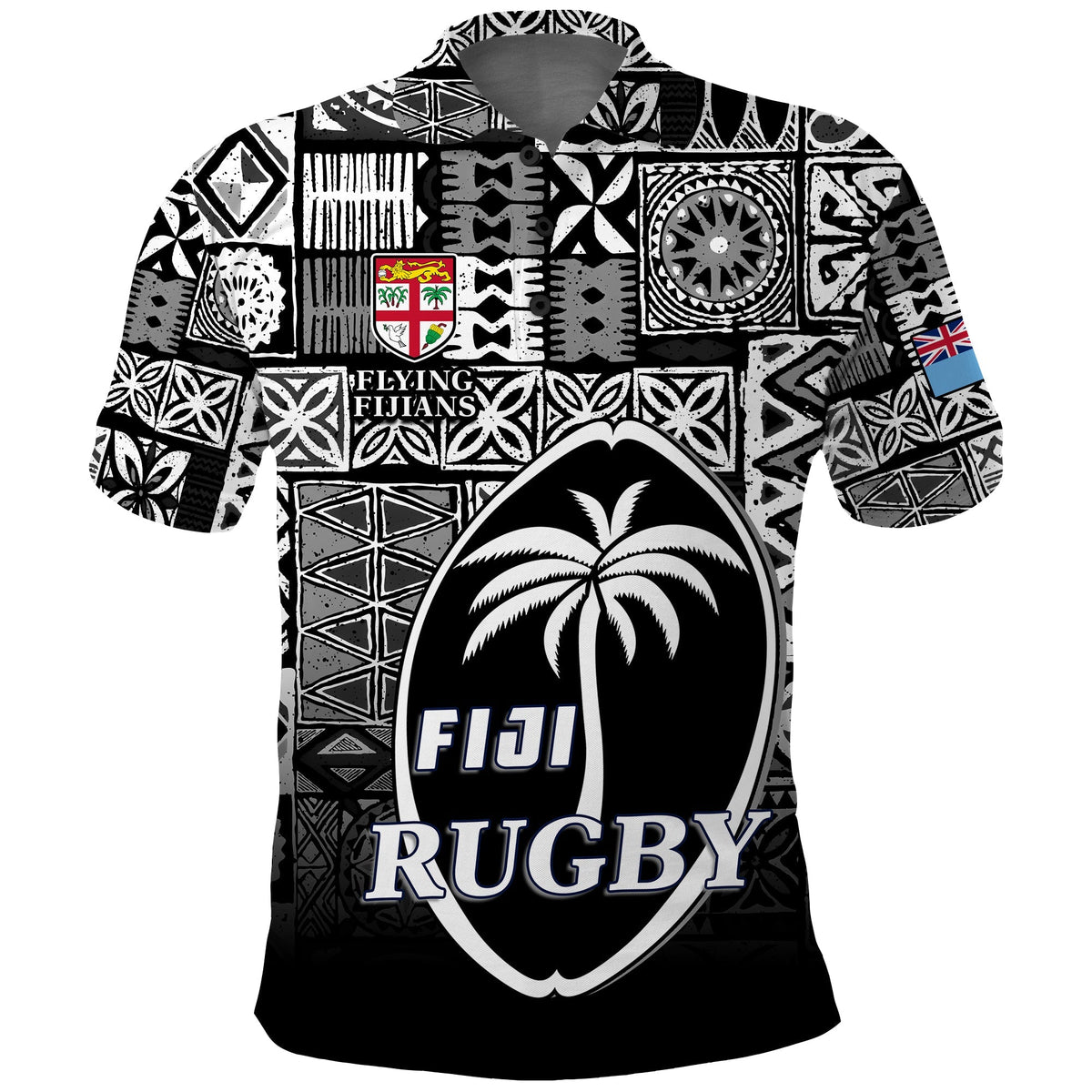 Black rugby polo shirt with white tapa pattern, Fiji crest and Fiji Rugby logo