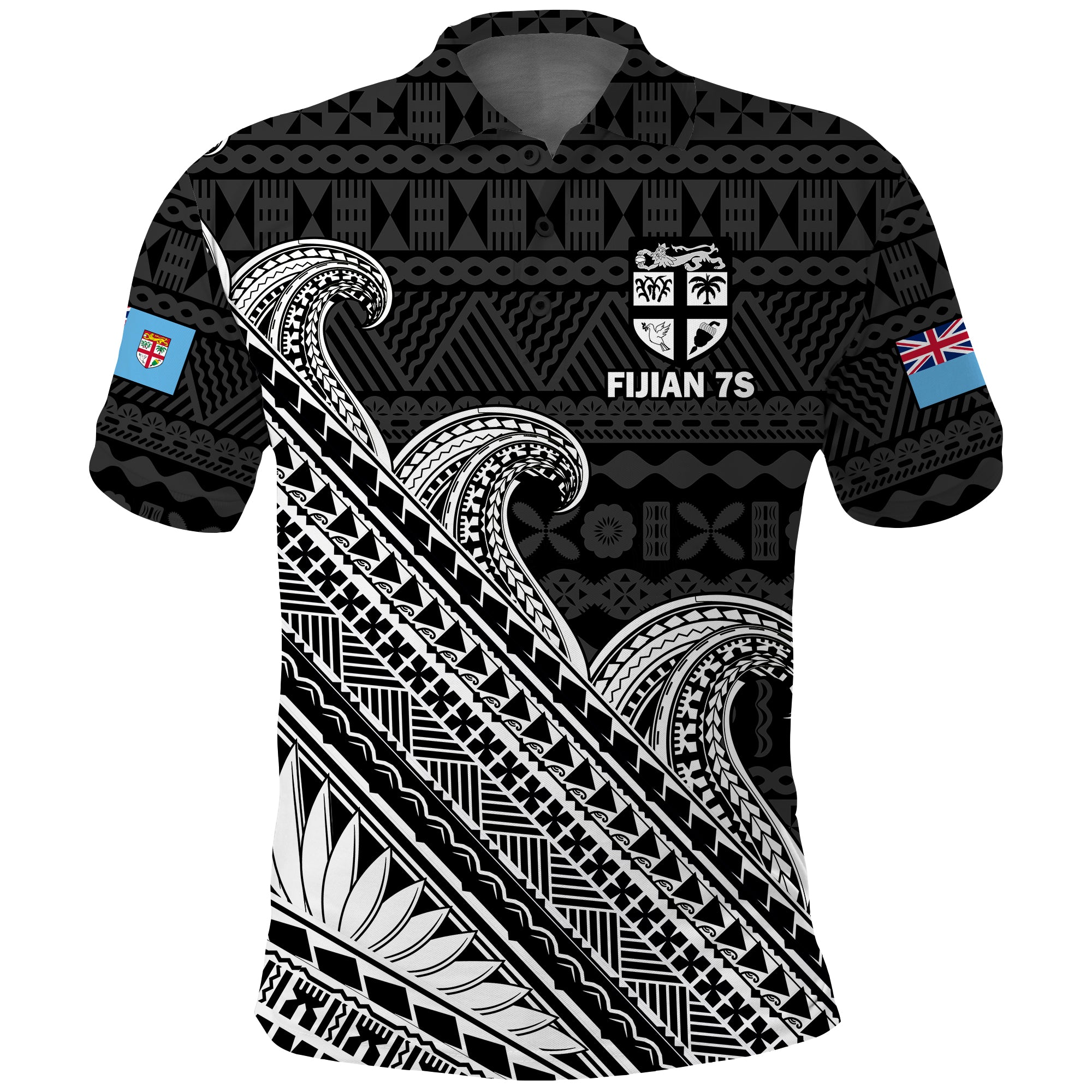 (Custom Text And Number) Fiji Sevens Rugby Fijian 7s Black Tapa Polynesian Art Polo Shirt - Wonder Print Shop