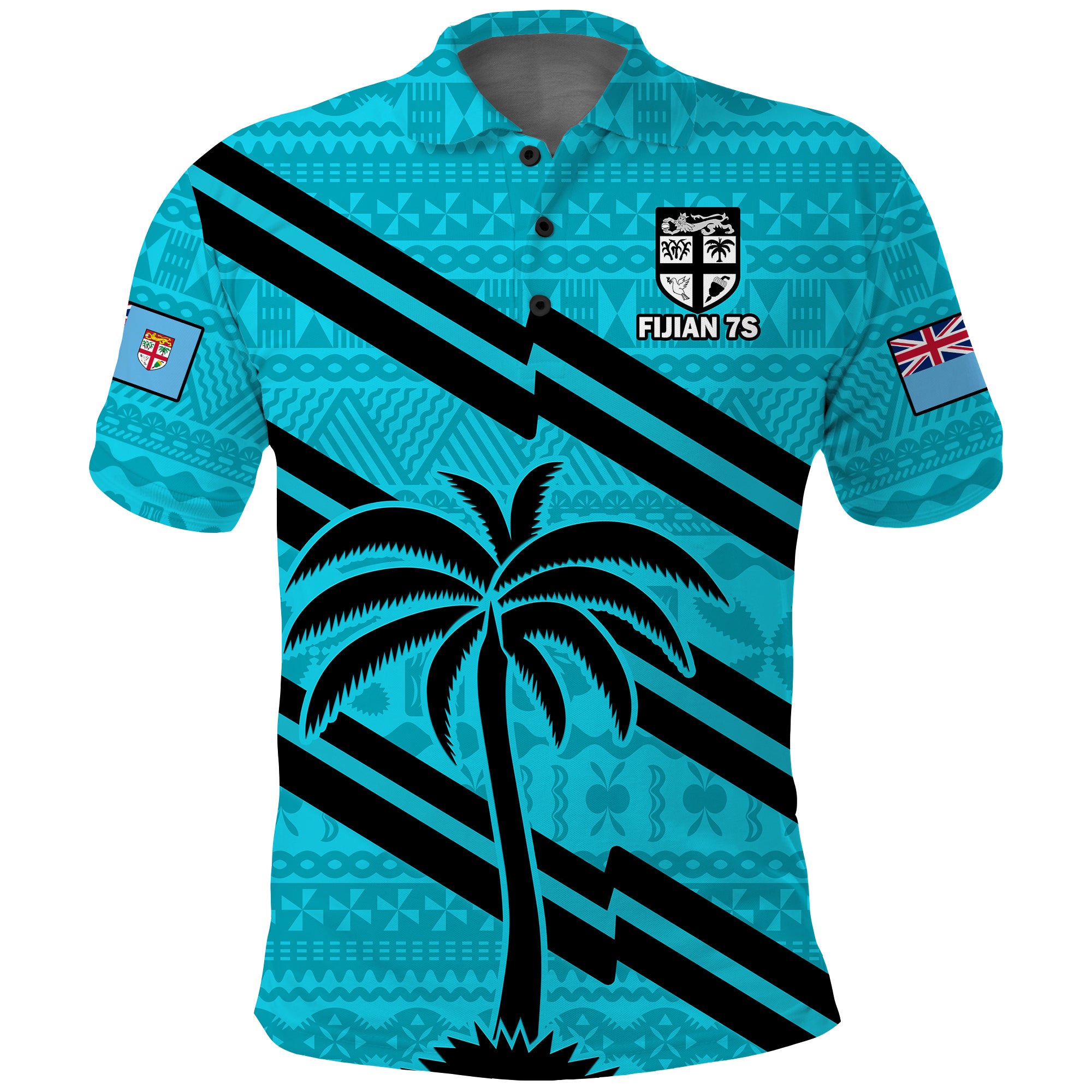 (Custom Text And Number) Fiji Rugby Tapa Pattern Fijian 7s Cyan Polo Shirt - Wonder Print Shop