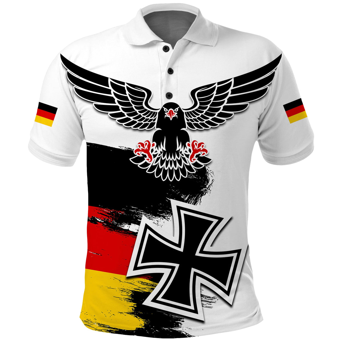 White polo with eagle graphic and Germany flag cross print, short sleeves