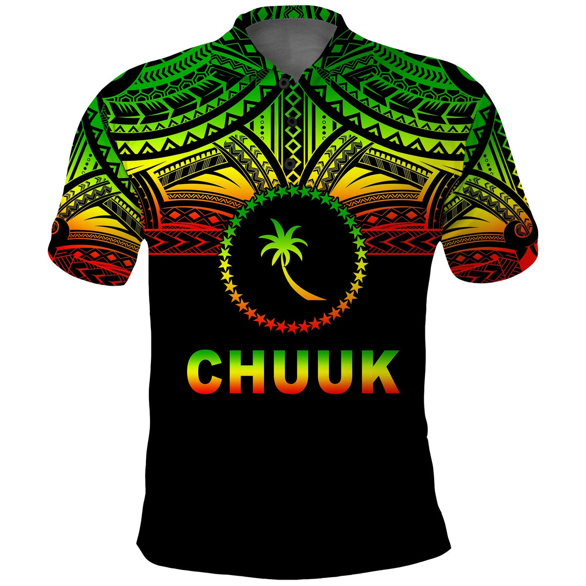 Multicolor polo shirt front with CHUUK text and palm emblem, black base.