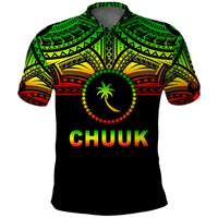 Multicolor polo shirt front with CHUUK text and palm emblem, black base.