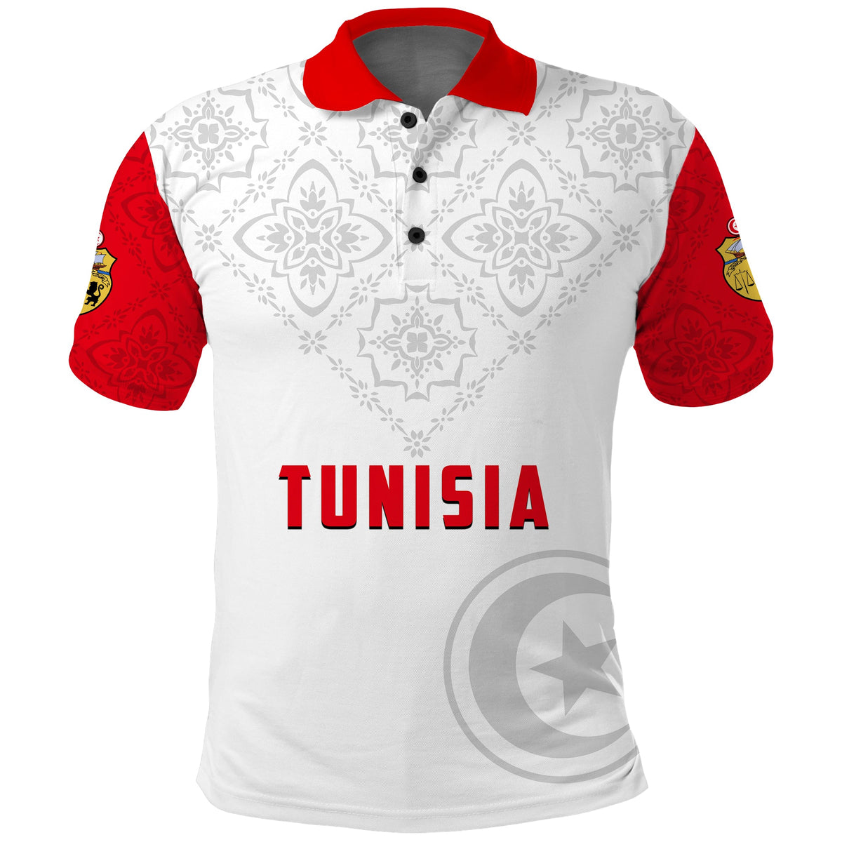 Front view Tunisia polo: white body, red collar, TUNISIA logo and grey emblem