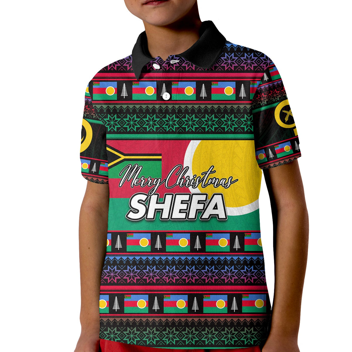 Kids polo shirt, black with Merry Christmas SHEFA graphic and festive patterned trim