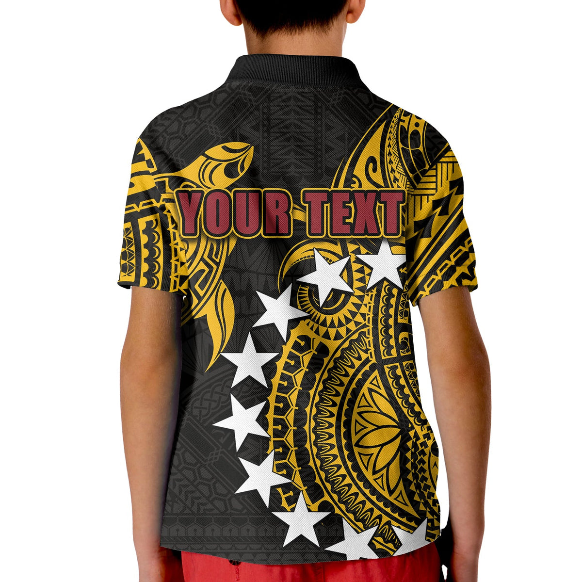 Kid's black polo back with yellow tribal print, stars, 'YOUR TEXT'