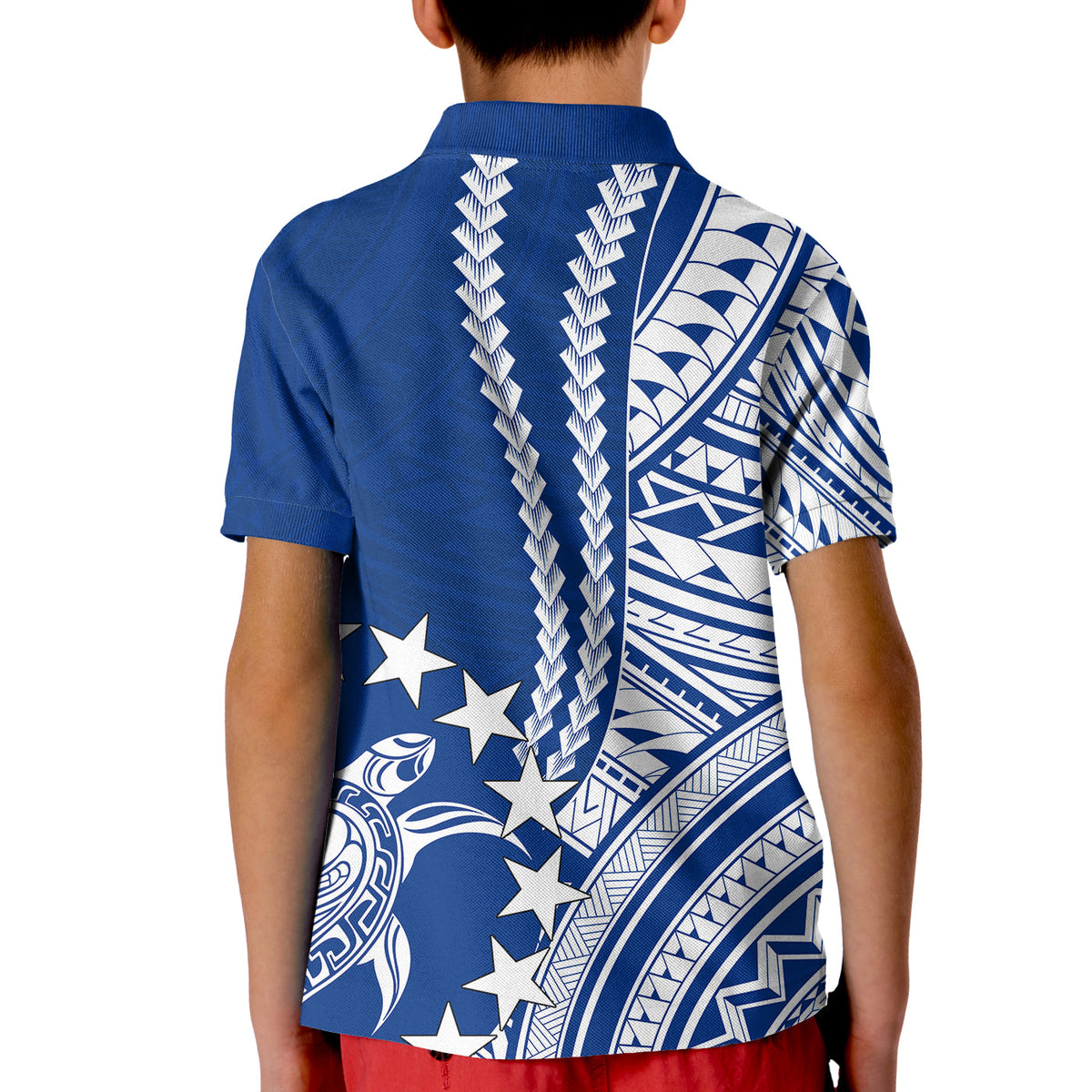 Kids blue polo shirt back with large white tribal pattern and star motifs, short sleeves