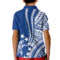 Kids blue polo shirt back with large white tribal pattern and star motifs, short sleeves