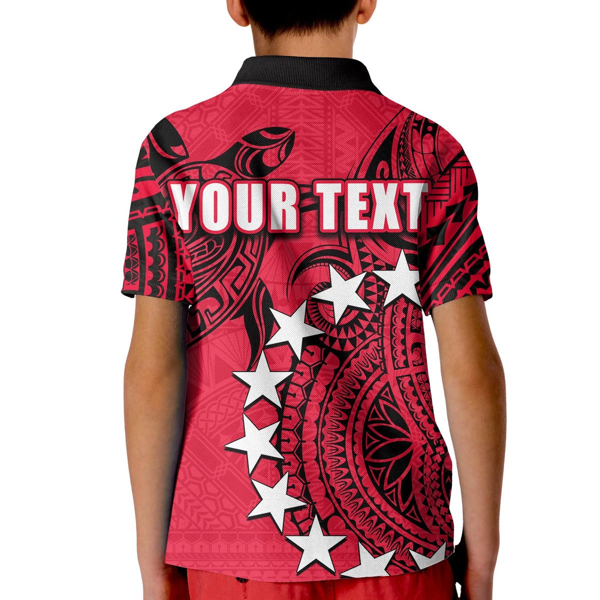 Red kids polo shirt with black collar, back print with stars and "YOUR TEXT"