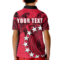 Red kids polo shirt with black collar, back print with stars and "YOUR TEXT"