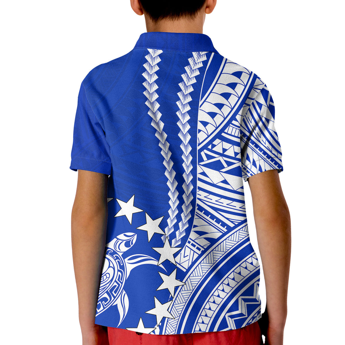 Kids blue polo shirt with white tribal pattern and star motif, back view