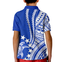 Kids blue polo shirt with white tribal pattern and star motif, back view