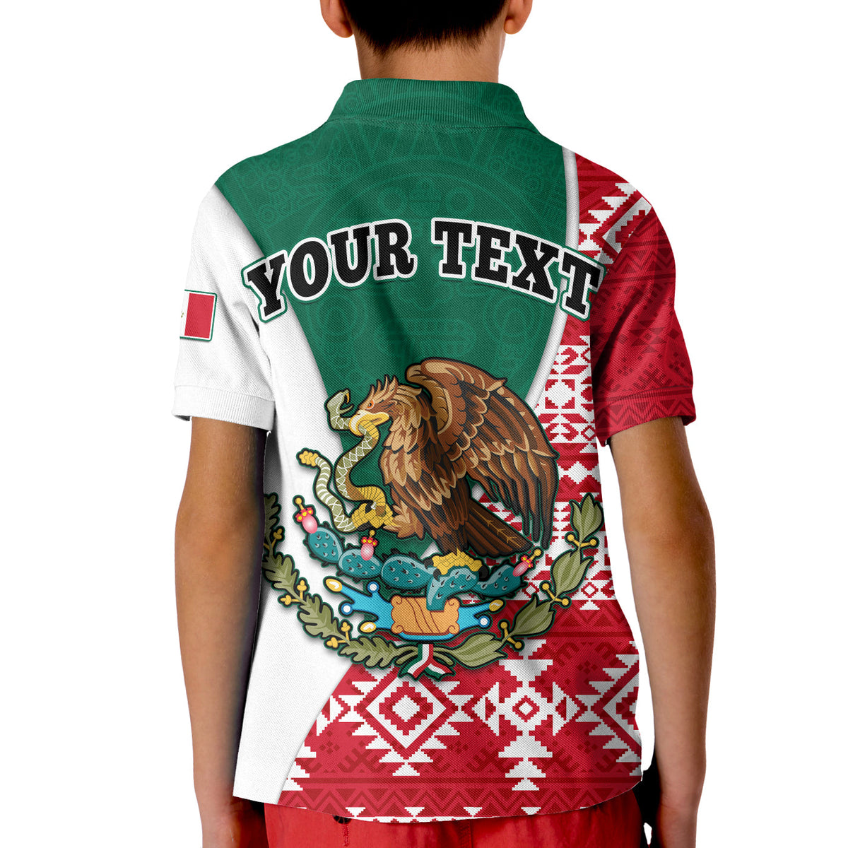 Kids polo back: YOUR TEXT with eagle graphic, red/white/green Aztec pattern