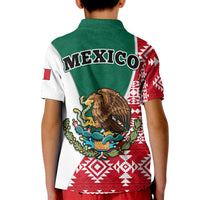 Kids polo back with 'MEXICO' text and eagle crest over red Aztec pattern
