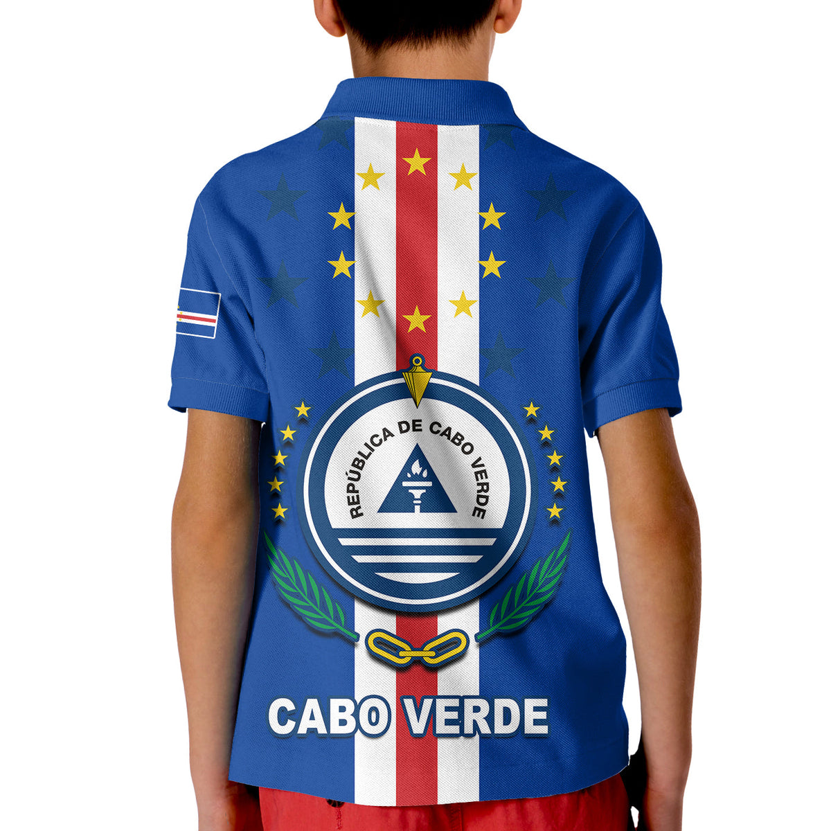 Kids blue polo shirt back with Cabo Verde crest, 'CABO VERDE' and flag stripe