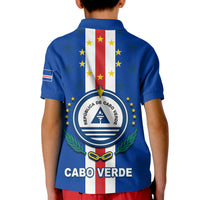 Kids blue polo shirt back with Cabo Verde crest, 'CABO VERDE' and flag stripe