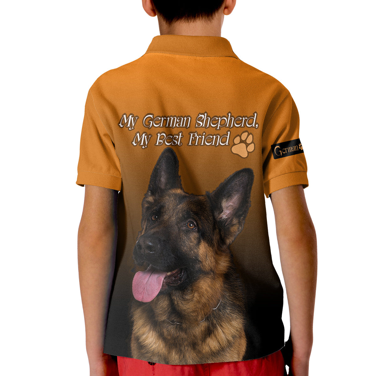 Orange Kinder-Poloshirt mit Rückenprint: German Shepherd, Best Friend, Pfote