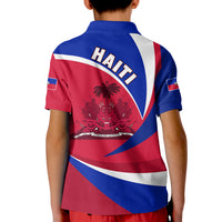 Kid Haiti flag style polo shirt, back view with HAITI text and crest