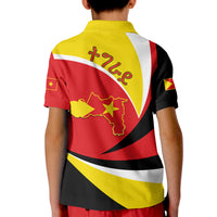 Kids polo shirt back with Tigray flag print, Tigray text, map outline and stars