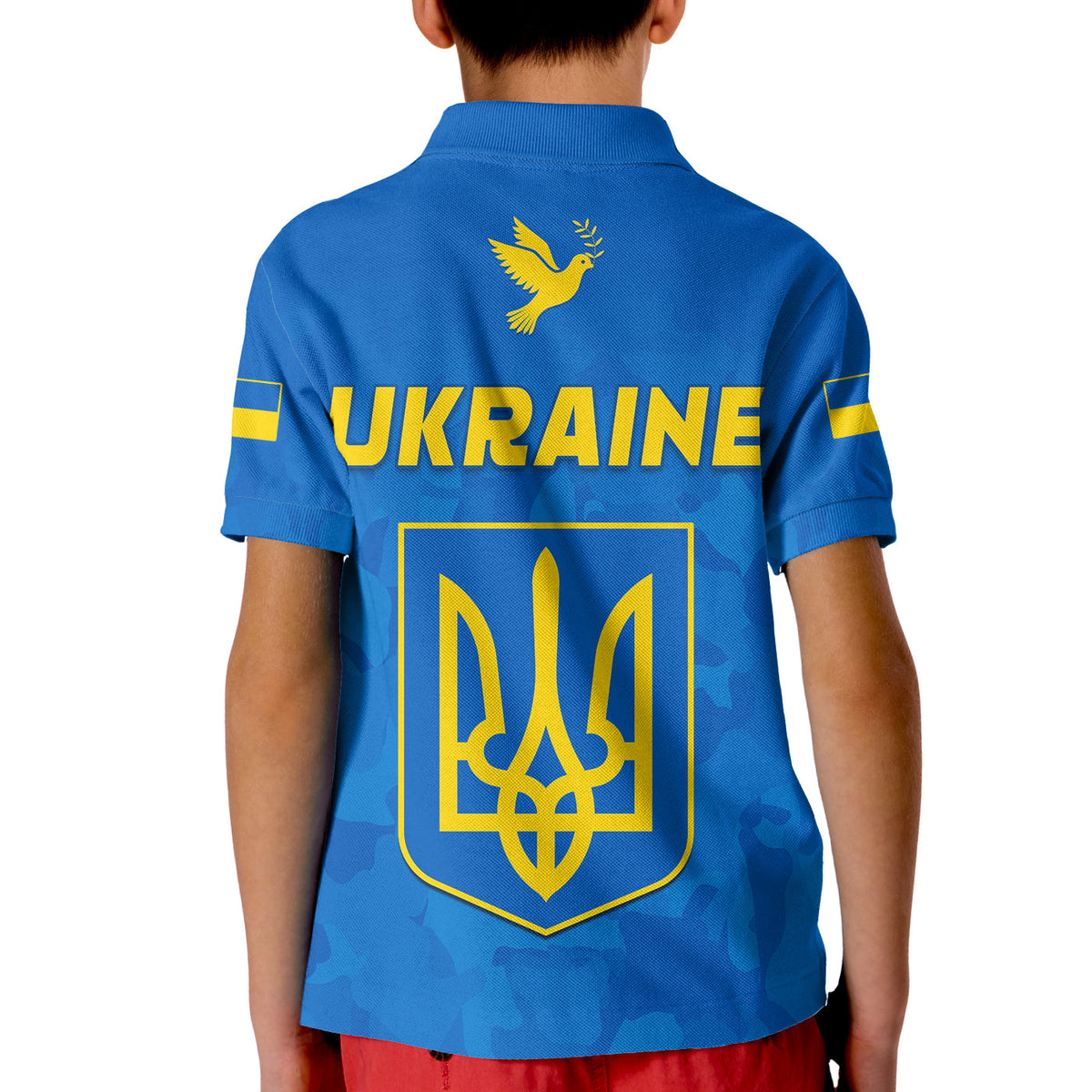 Kids blue polo shirt back with UKRAINE wordmark and large trident shield emblem