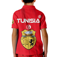 Kids red polo shirt with back TUNISIA text and coat-of-arms crest