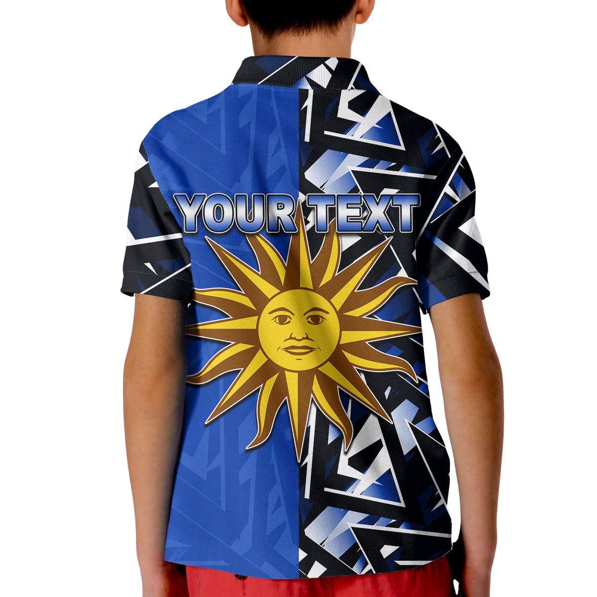 Blue kids polo shirt back with “YOUR TEXT” and sun emblem graphic
