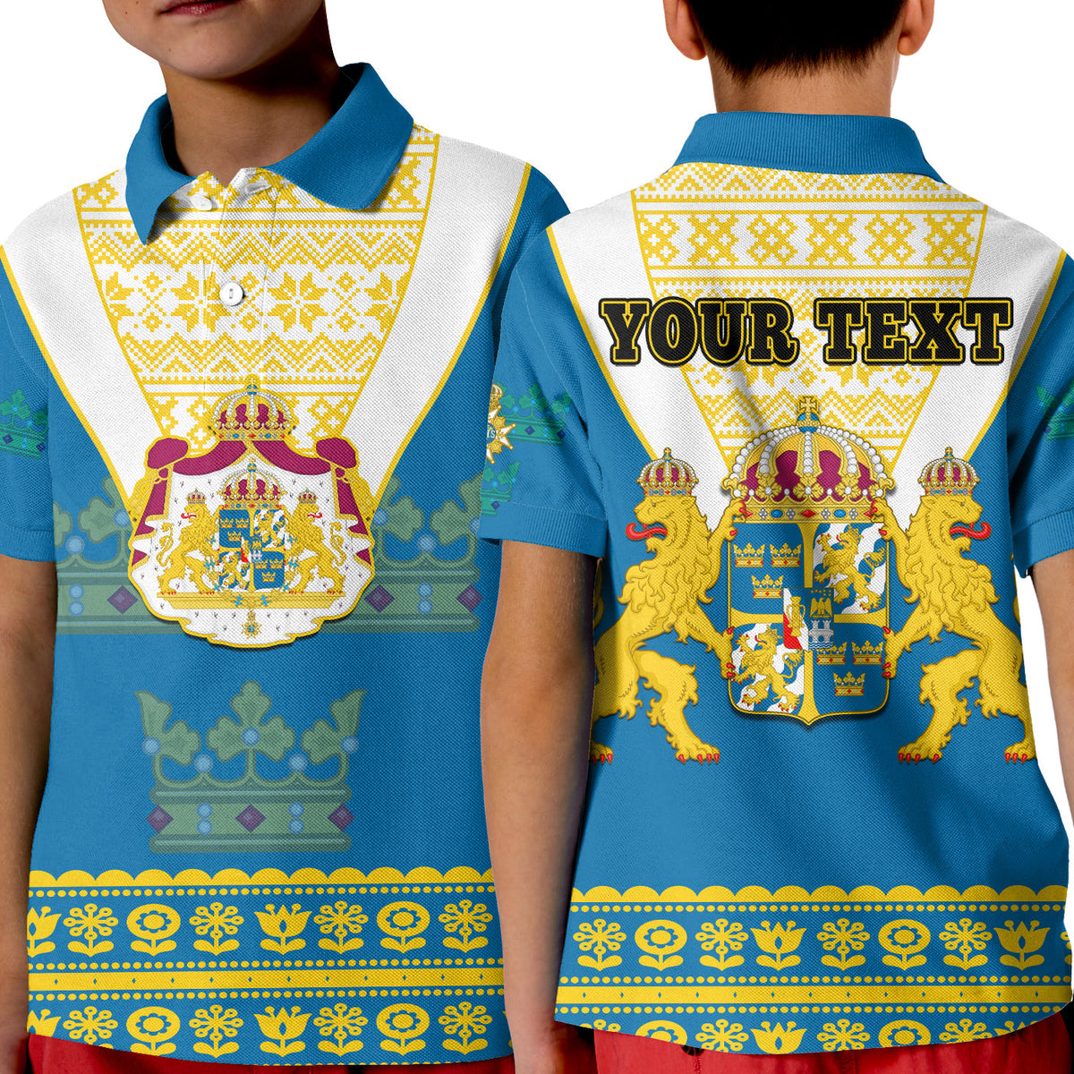 Kids blue polo shirt with gold Sweden coat of arms front print