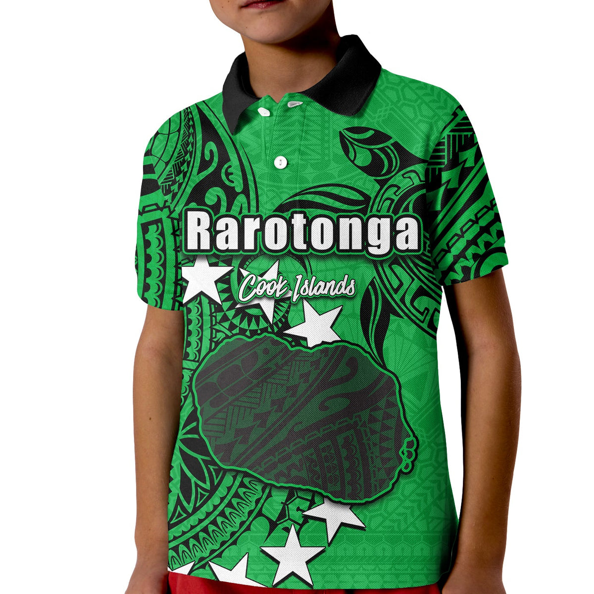 Kids green polo with black collar, Rarotonga and Cook Islands graphic with stars