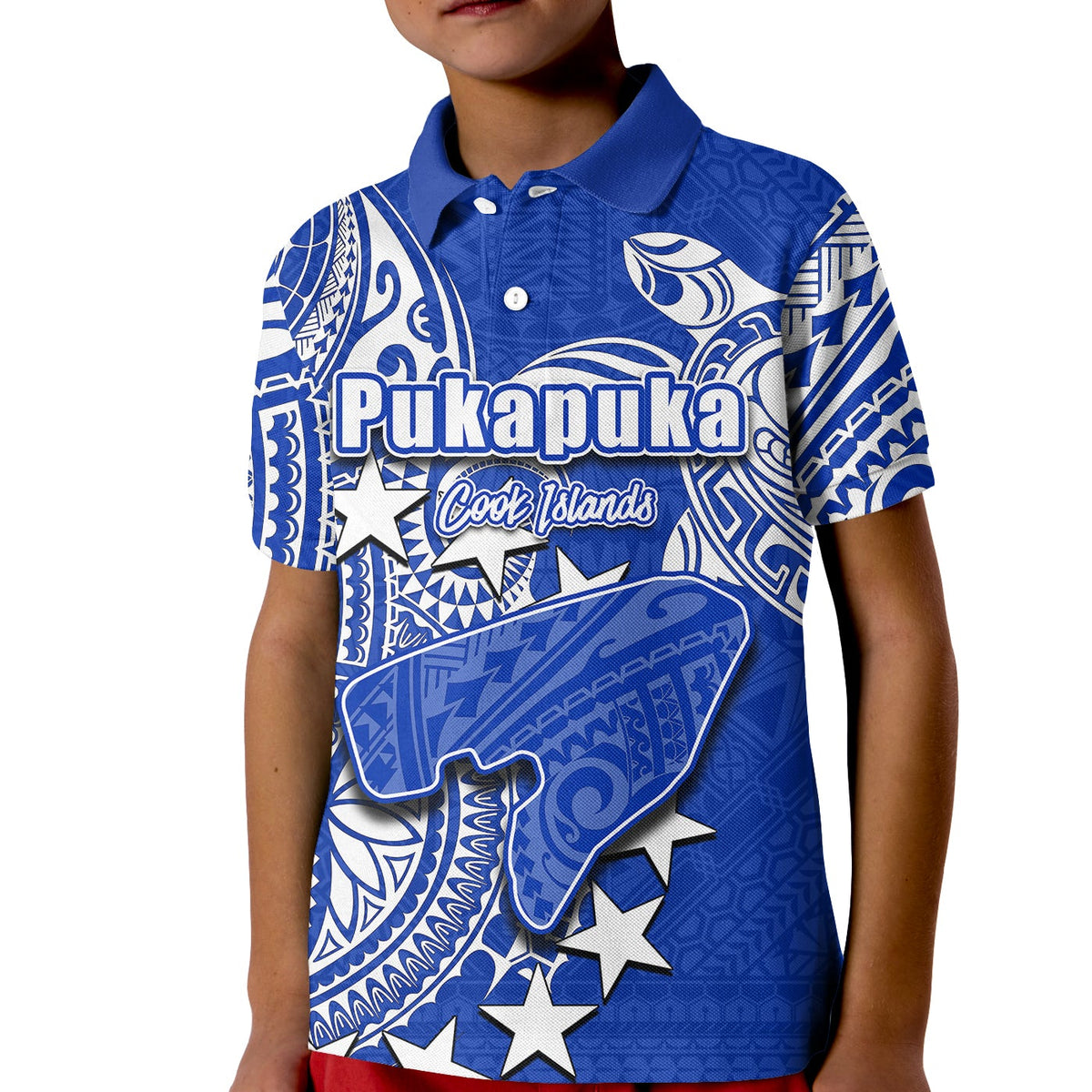 Kid polo shirt in blue with Pukapuka front print, white collar and buttons
