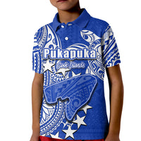 Kid polo shirt in blue with Pukapuka front print, white collar and buttons