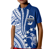 Kids blue polo shirt with white Polynesian print, buttoned placket, short sleeves