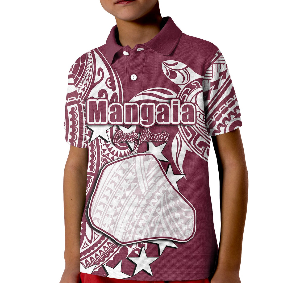 Maroon kid polo shirt with front button placket and large Mangai*a* graphic