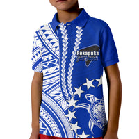 Kids blue polo shirt with white Polynesian tribal print and chest logo