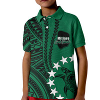 Kids green polo shirt with geometric Polynesian print, button placket, chest logo and stars