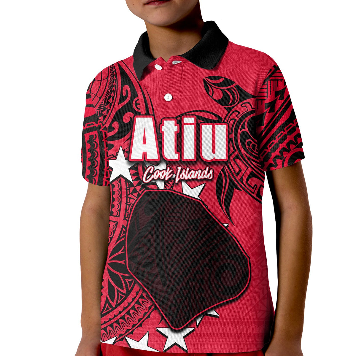 Red kids polo shirt with black collar, Atiu graphic and Cook Islands text