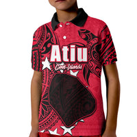 Red kids polo shirt with black collar, Atiu graphic and Cook Islands text