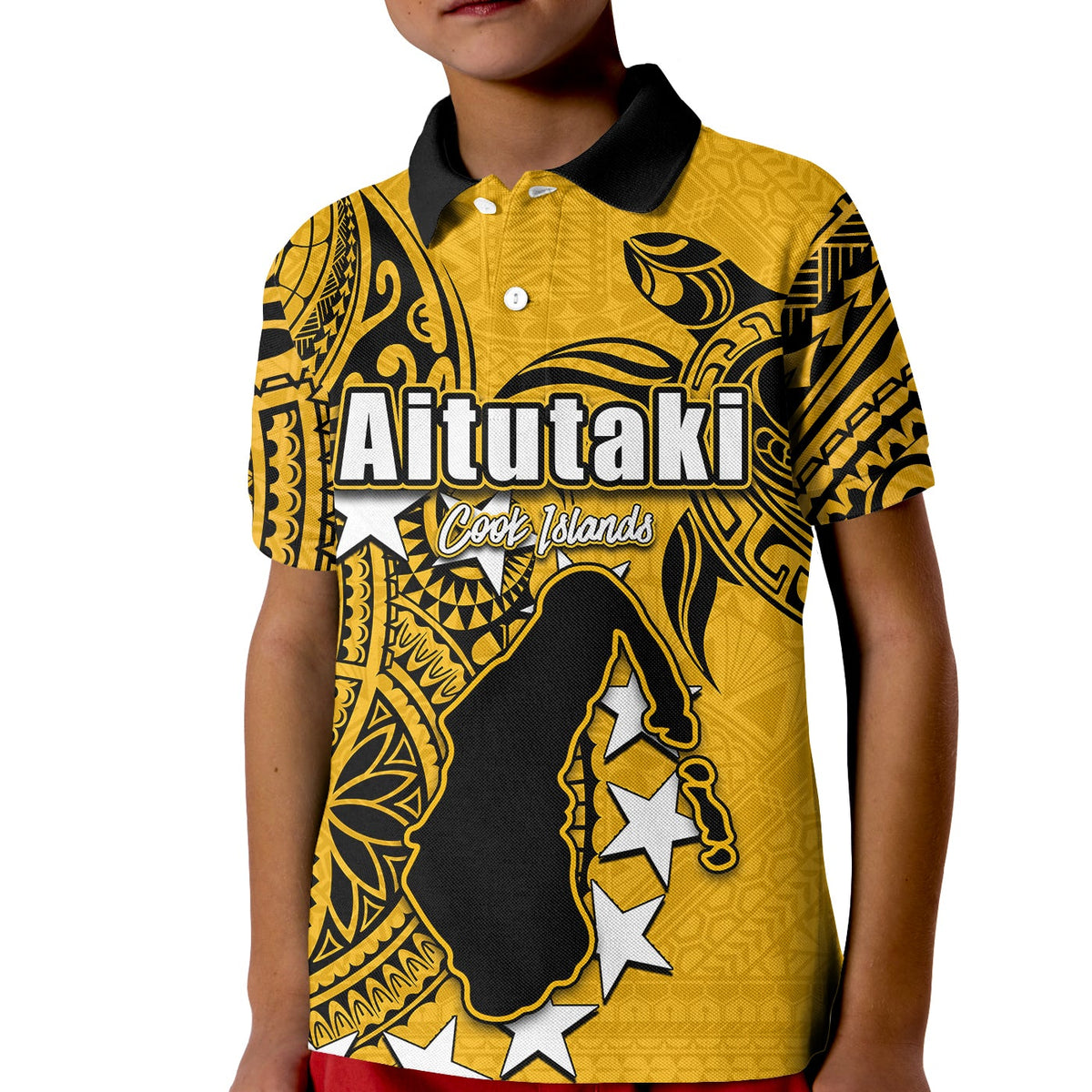 Kid polo shirt yellow with black collar, Aitutaki graphic and stars